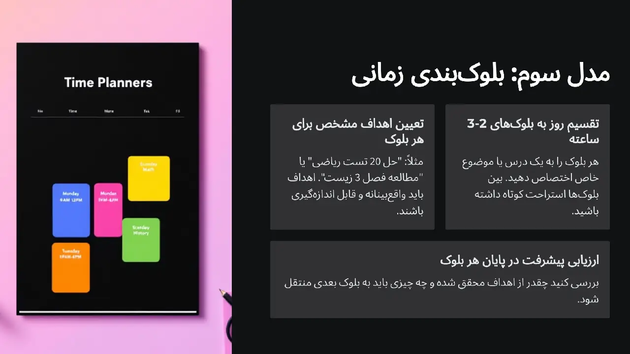 مدل سوم: بلوکبندی زمانی و تمرکز بر وظیفه برای افزایش تعداد ساعت مطالعه پشت کنکوری ها