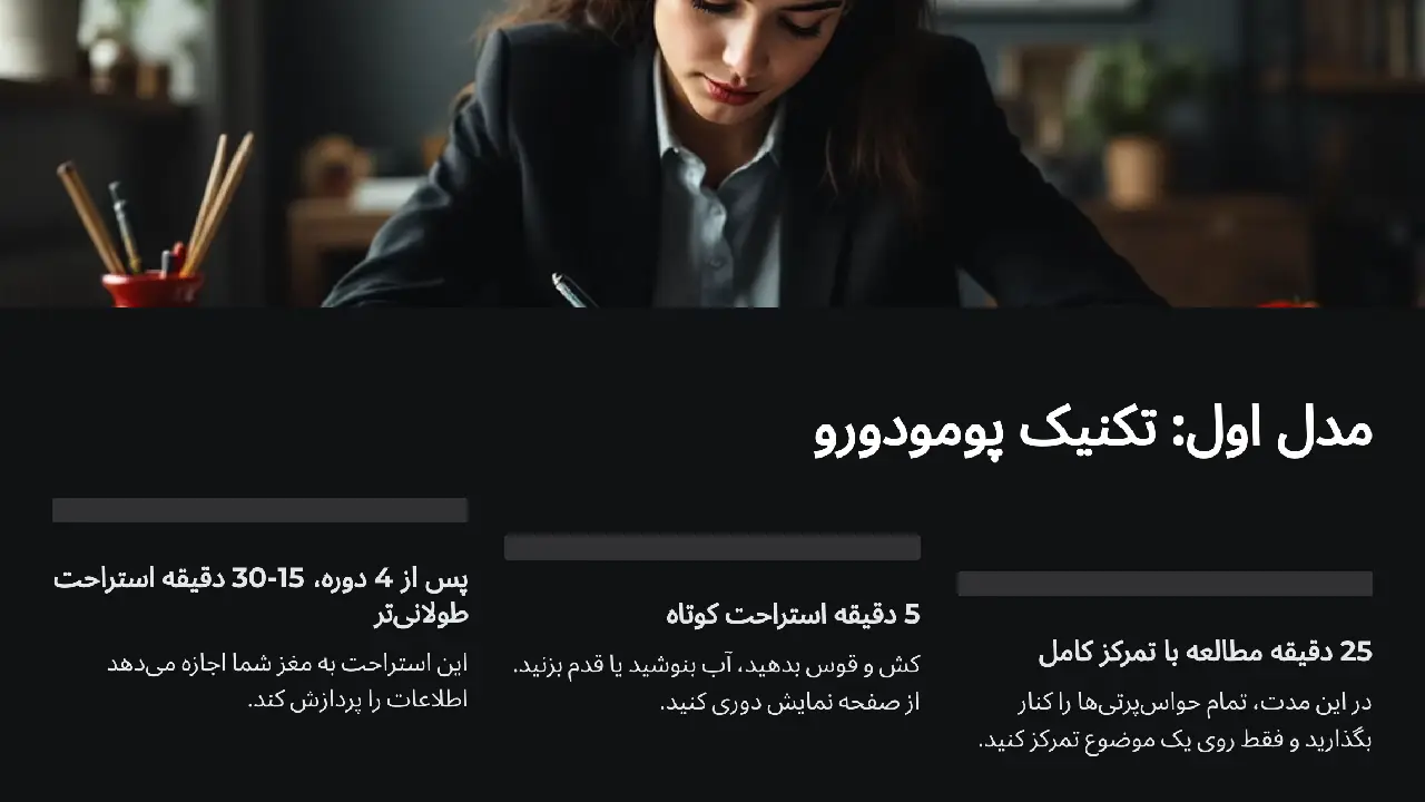 مدل اول: تکنیک پومودورو (Pomodoro Technique)؛ تمرکز عمیق و استراحت منظم